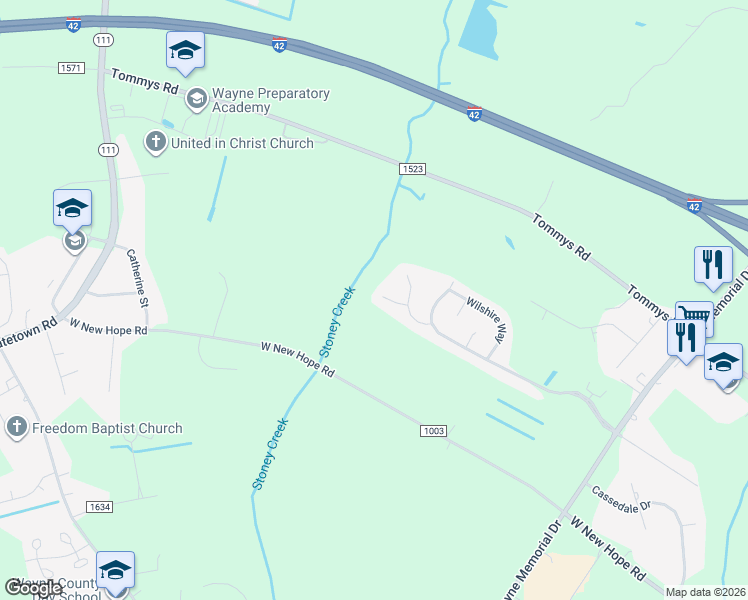 map of restaurants, bars, coffee shops, grocery stores, and more near 108 Welford Place in Goldsboro