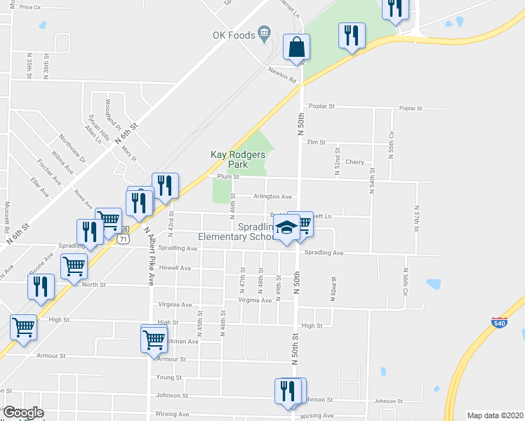 map of restaurants, bars, coffee shops, grocery stores, and more near 4721 Berkley in Fort Smith