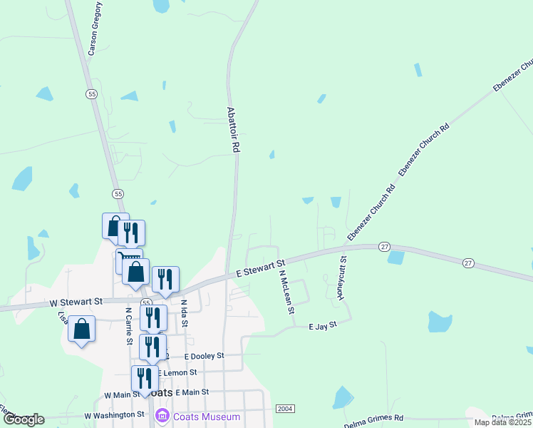 map of restaurants, bars, coffee shops, grocery stores, and more near 105 Coatsberry Village Court in Coats