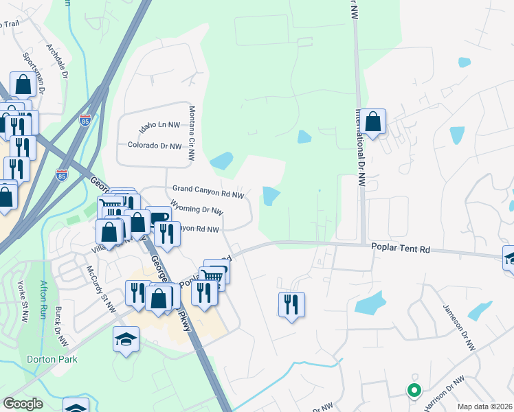 map of restaurants, bars, coffee shops, grocery stores, and more near 5142 Grand Canyon Road Northwest in Concord