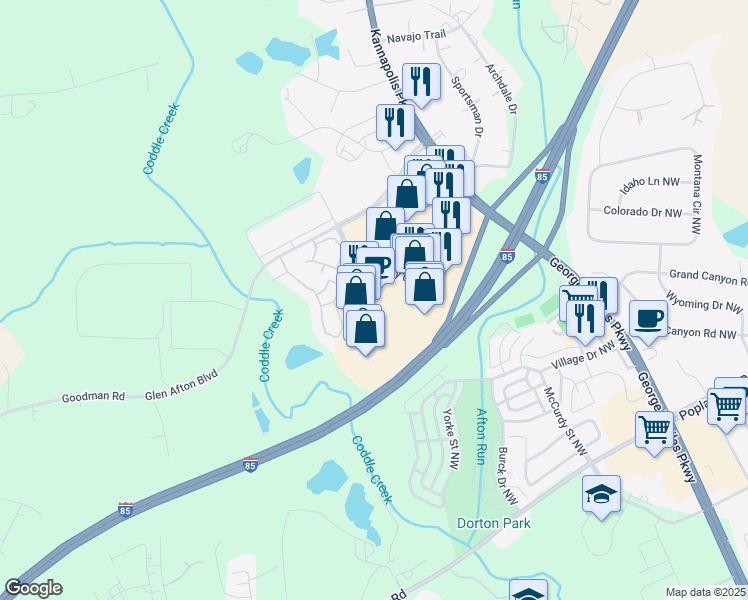 map of restaurants, bars, coffee shops, grocery stores, and more near 6150 Bayfield Parkway in Concord