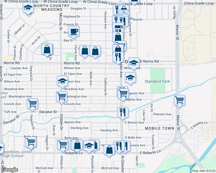 map of restaurants, bars, coffee shops, grocery stores, and more near 200 Woodrow Avenue in Bakersfield