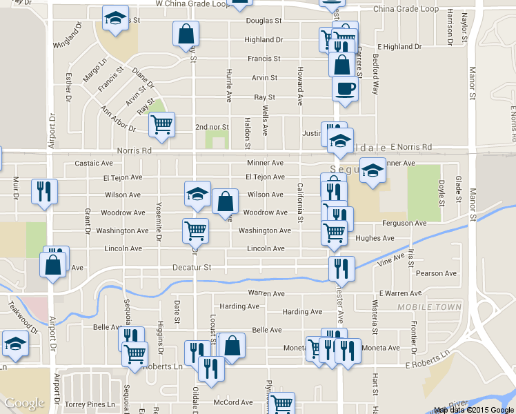 map of restaurants, bars, coffee shops, grocery stores, and more near 310 Woodrow Avenue in Bakersfield