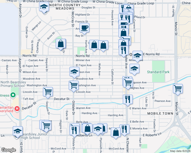 map of restaurants, bars, coffee shops, grocery stores, and more near 310 Woodrow Avenue in Bakersfield