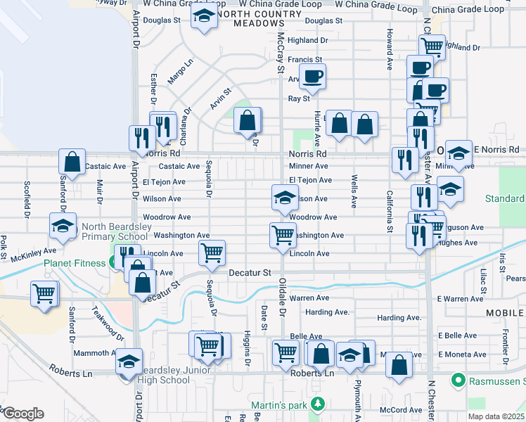 map of restaurants, bars, coffee shops, grocery stores, and more near 508 Woodrow Avenue in Bakersfield