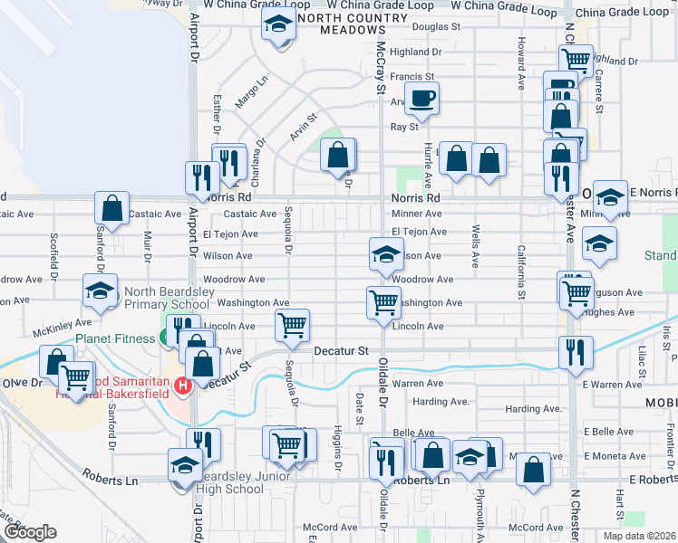map of restaurants, bars, coffee shops, grocery stores, and more near 600 Woodrow Avenue in Bakersfield