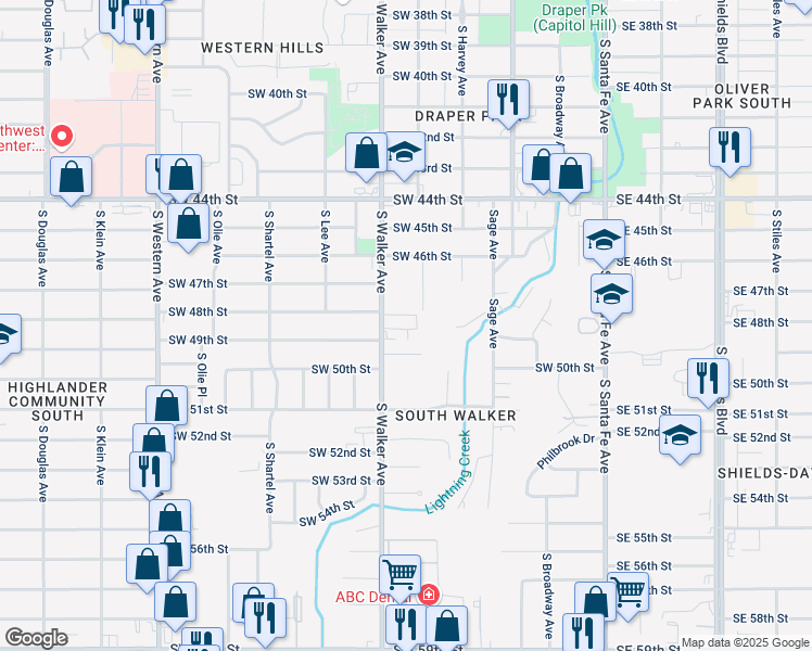 map of restaurants, bars, coffee shops, grocery stores, and more near 4940 South Walker Avenue in Oklahoma City