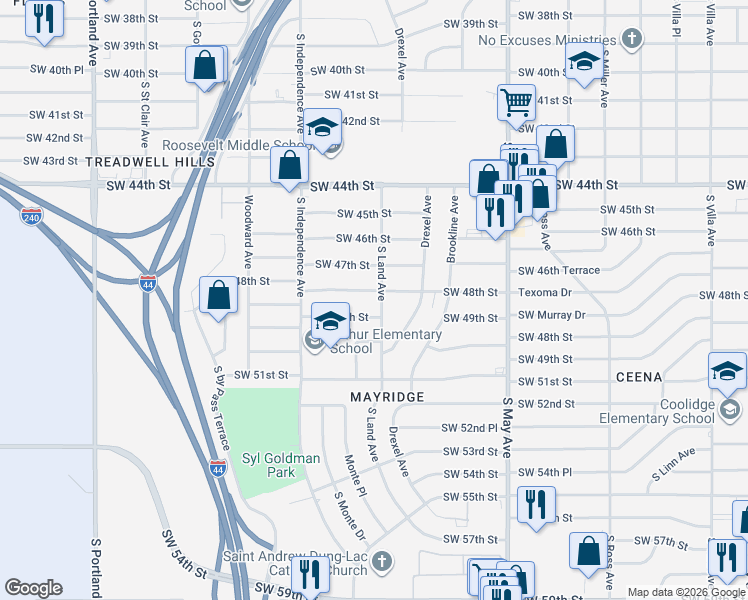 map of restaurants, bars, coffee shops, grocery stores, and more near 3217 Southwest 49th Street in Oklahoma City