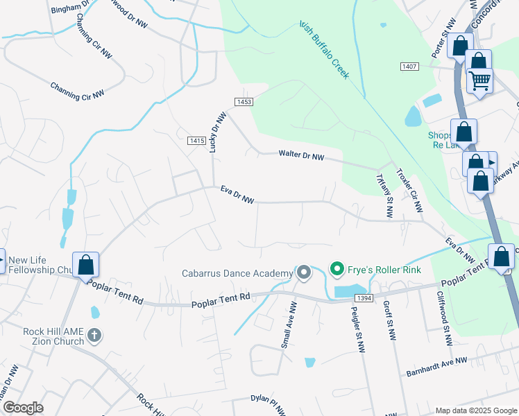 map of restaurants, bars, coffee shops, grocery stores, and more near 3039 Eva Drive Northwest in Concord
