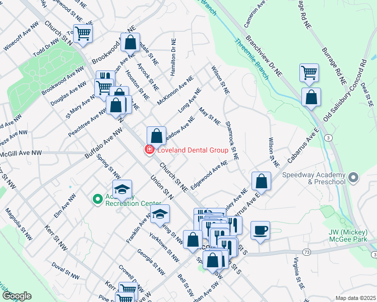 map of restaurants, bars, coffee shops, grocery stores, and more near Simpson Drive Northeast in Concord