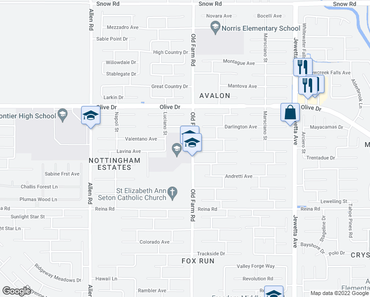 map of restaurants, bars, coffee shops, grocery stores, and more near 6301 Old Farm Road in Bakersfield
