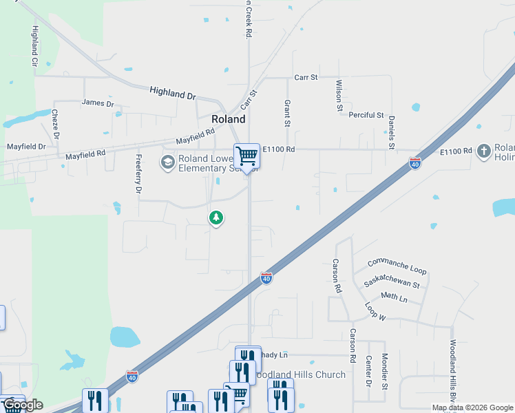 map of restaurants, bars, coffee shops, grocery stores, and more near 207 South Roland Road in Roland