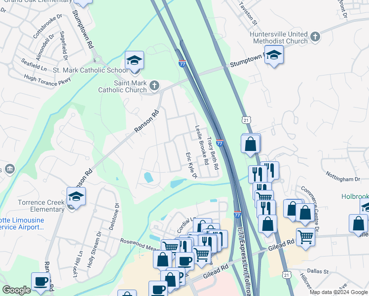 map of restaurants, bars, coffee shops, grocery stores, and more near 15257 Eric Kyle Drive in Huntersville