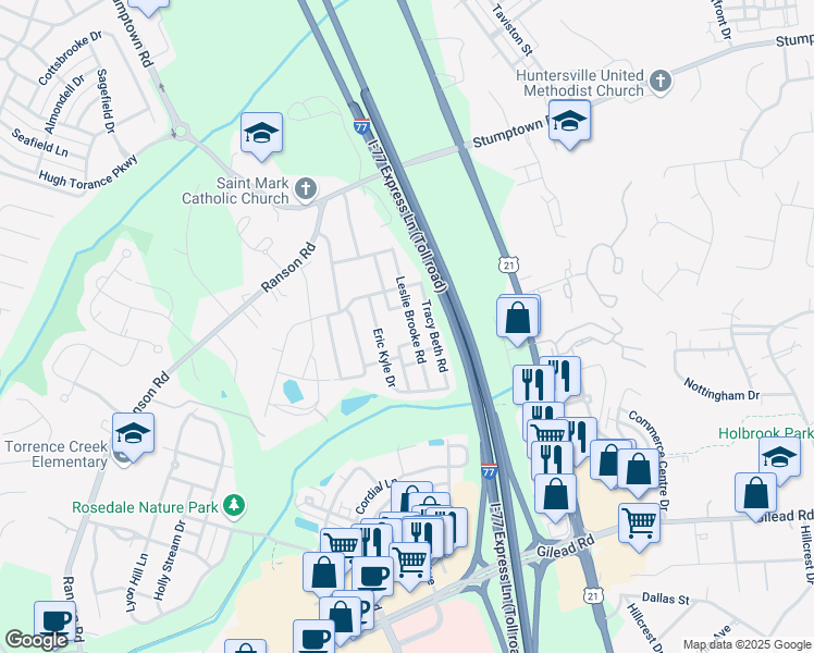 map of restaurants, bars, coffee shops, grocery stores, and more near 14570 Nicole Campbell Road in Huntersville