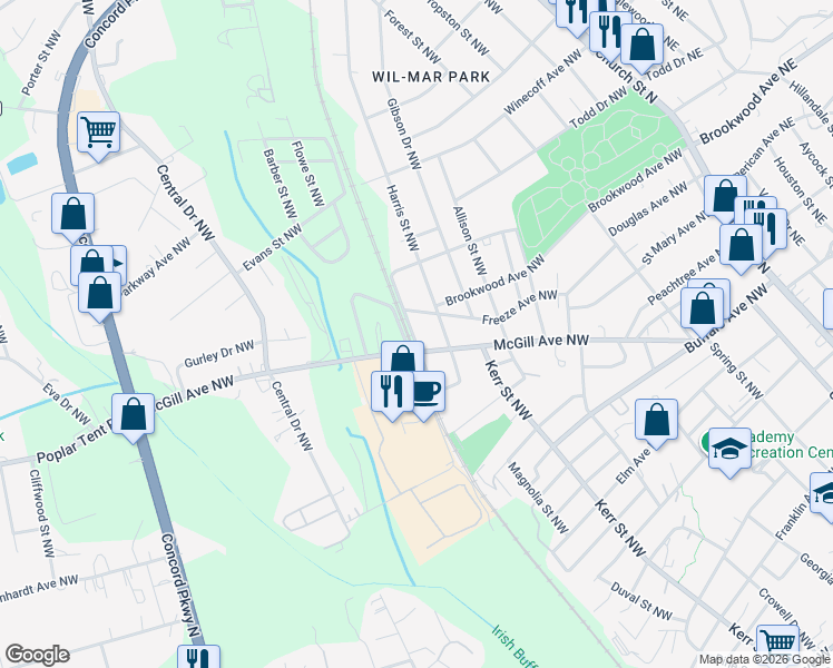 map of restaurants, bars, coffee shops, grocery stores, and more near 492 Railroad Drive Northwest in Concord