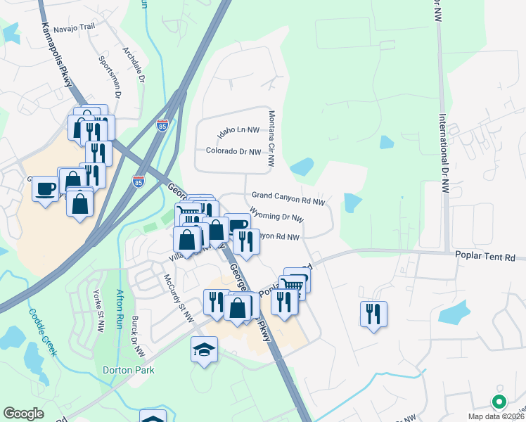 map of restaurants, bars, coffee shops, grocery stores, and more near 174 Wyoming Drive Northwest in Concord