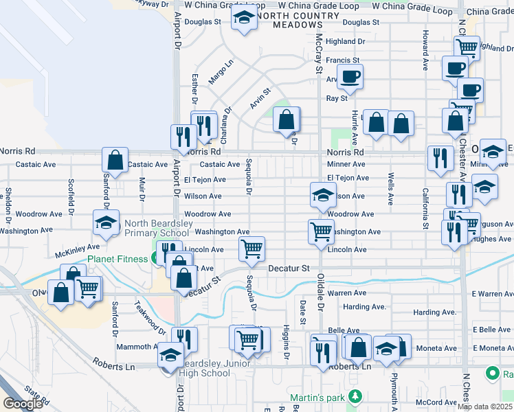 map of restaurants, bars, coffee shops, grocery stores, and more near 618 Woodrow Avenue in Bakersfield