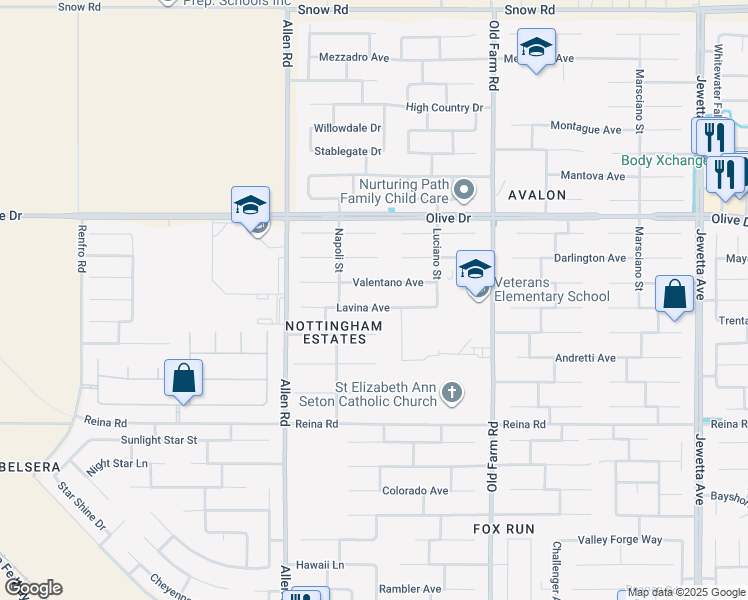 map of restaurants, bars, coffee shops, grocery stores, and more near 12601 Lavina Avenue in Bakersfield