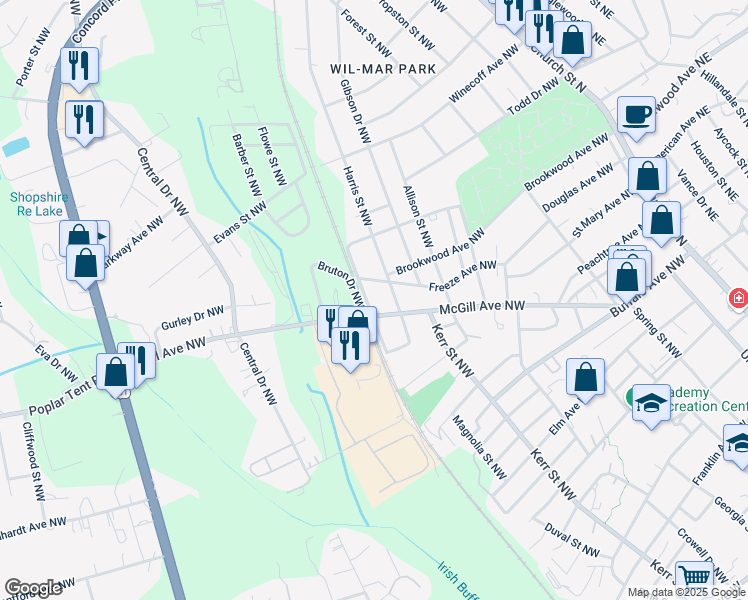 map of restaurants, bars, coffee shops, grocery stores, and more near 492 Railroad Drive Northwest in Concord