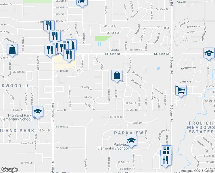 map of restaurants, bars, coffee shops, grocery stores, and more near 4805 Republic Drive in Oklahoma City
