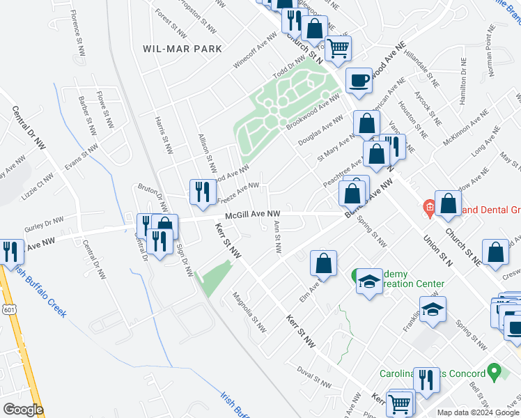 map of restaurants, bars, coffee shops, grocery stores, and more near 190 McGill Avenue Northwest in Concord