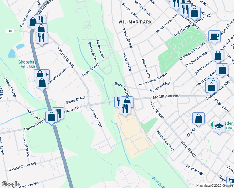 map of restaurants, bars, coffee shops, grocery stores, and more near 544 Bruton Drive Northwest in Concord