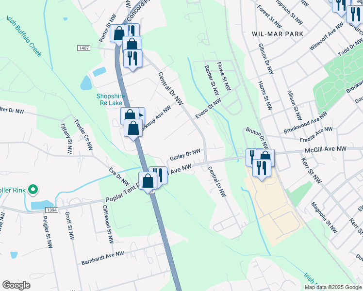 map of restaurants, bars, coffee shops, grocery stores, and more near Violet Cannon Drive Northwest in Concord