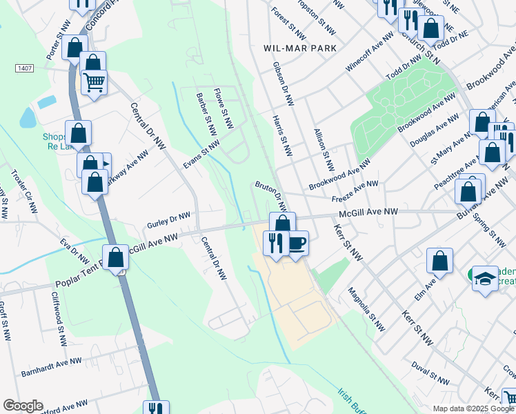 map of restaurants, bars, coffee shops, grocery stores, and more near 544 Bruton Drive Northwest in Concord