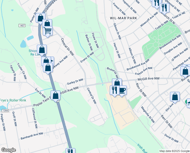 map of restaurants, bars, coffee shops, grocery stores, and more near 280 Gurley Drive Northwest in Concord
