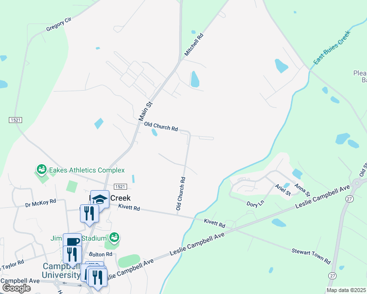 map of restaurants, bars, coffee shops, grocery stores, and more near 15 Wolf Creek Lane in Lillington