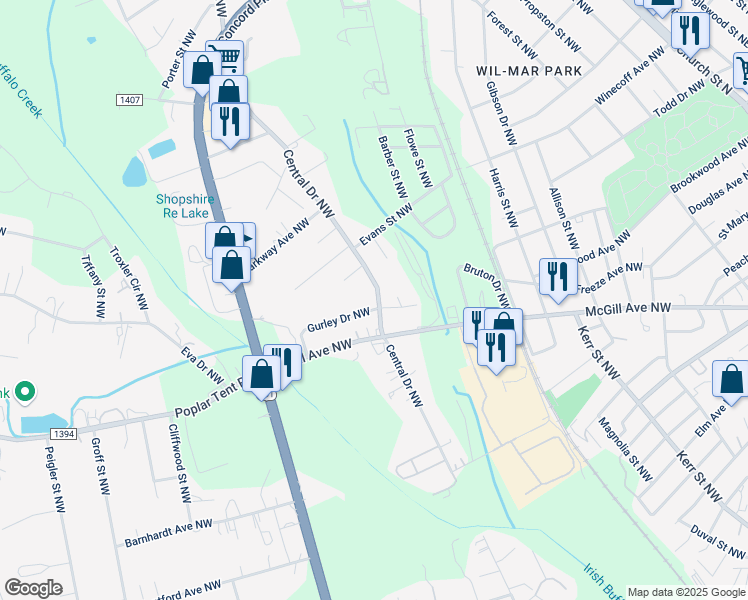 map of restaurants, bars, coffee shops, grocery stores, and more near 579 Central Drive Northwest in Concord