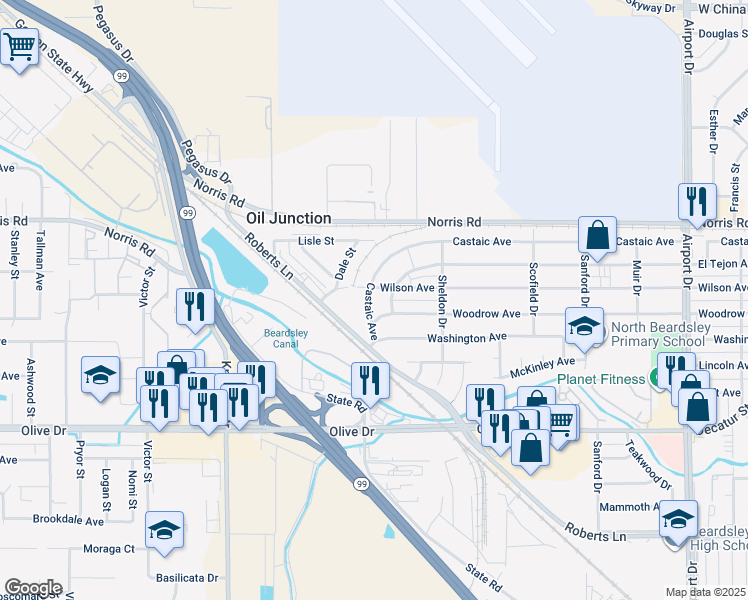 map of restaurants, bars, coffee shops, grocery stores, and more near 1405 Castaic Avenue in Bakersfield