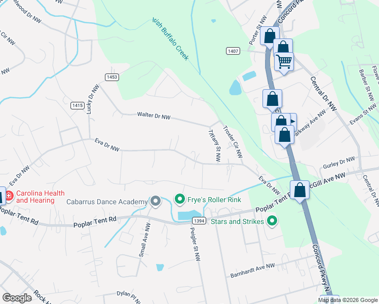 map of restaurants, bars, coffee shops, grocery stores, and more near 2652 Eva Drive Northwest in Concord