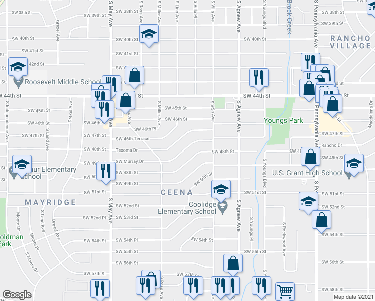 map of restaurants, bars, coffee shops, grocery stores, and more near 2556 Southwest Murray Drive in Oklahoma City