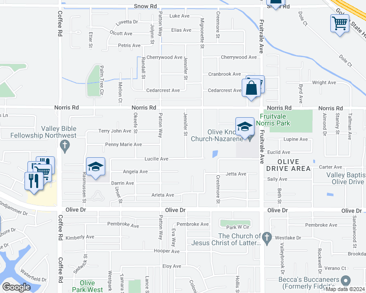 map of restaurants, bars, coffee shops, grocery stores, and more near 6213 Jennifer Street in Bakersfield