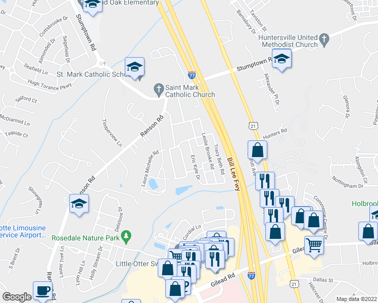 map of restaurants, bars, coffee shops, grocery stores, and more near 15263 Eric Kyle Drive in Huntersville