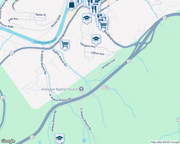 map of restaurants, bars, coffee shops, grocery stores, and more near 84 Anthony Cove in Bryson City