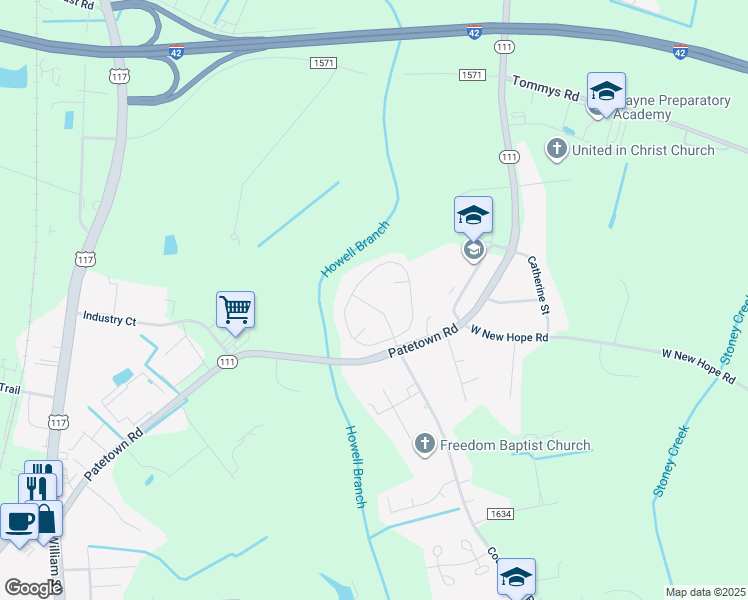 map of restaurants, bars, coffee shops, grocery stores, and more near 219 King's Way in Goldsboro