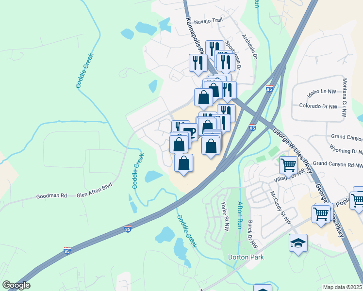 map of restaurants, bars, coffee shops, grocery stores, and more near 6150 Bayfield Parkway in Concord
