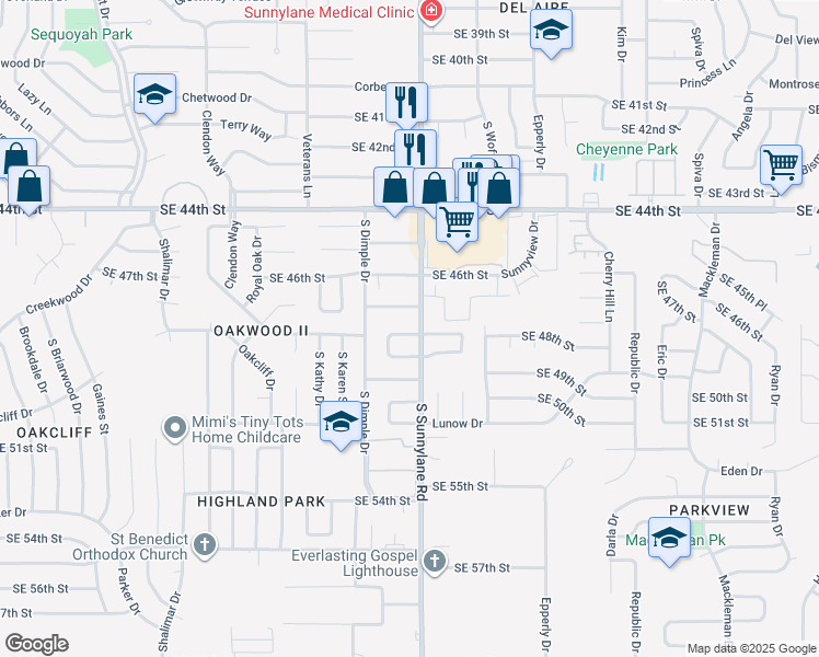 map of restaurants, bars, coffee shops, grocery stores, and more near 4216 Southeast 48th Terrace in Oklahoma City