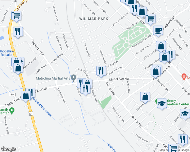 map of restaurants, bars, coffee shops, grocery stores, and more near 483 Harris Street Northwest in Concord