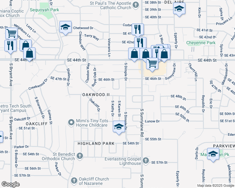 map of restaurants, bars, coffee shops, grocery stores, and more near 4021 Southeast 48th Street in Oklahoma City