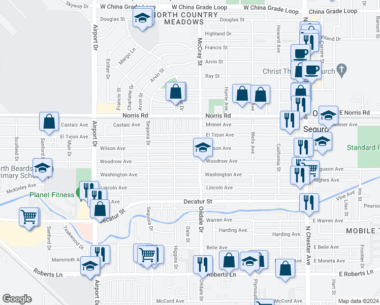 map of restaurants, bars, coffee shops, grocery stores, and more near 509 Wilson Avenue in Bakersfield