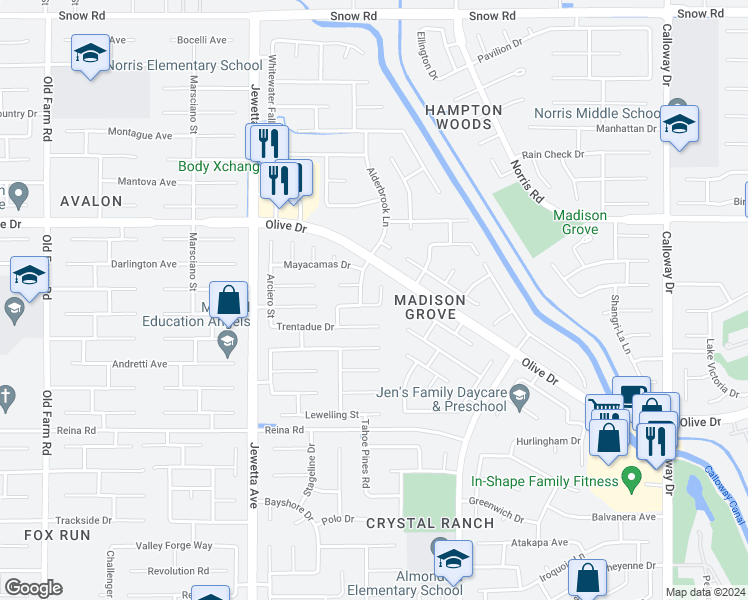 map of restaurants, bars, coffee shops, grocery stores, and more near 6303 Ristow Court in Bakersfield