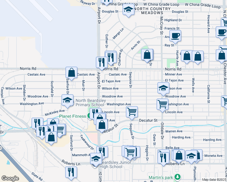 map of restaurants, bars, coffee shops, grocery stores, and more near 802 Woodrow Avenue in Bakersfield