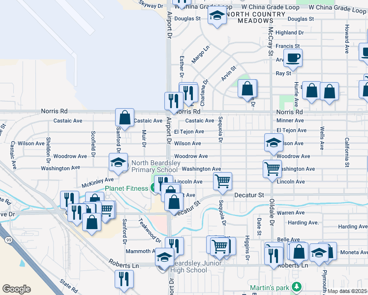 map of restaurants, bars, coffee shops, grocery stores, and more near 802 Woodrow Avenue in Bakersfield