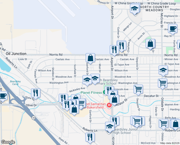 map of restaurants, bars, coffee shops, grocery stores, and more near 1020 Woodrow Avenue in Bakersfield