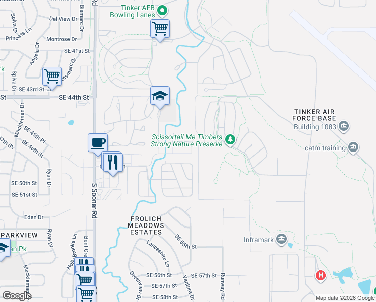 map of restaurants, bars, coffee shops, grocery stores, and more near 6200 Southeast 47th Street in Oklahoma City