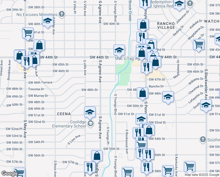 map of restaurants, bars, coffee shops, grocery stores, and more near 4905 South Youngs Boulevard in Oklahoma City