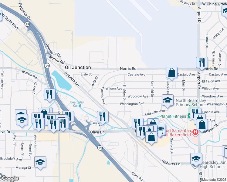 map of restaurants, bars, coffee shops, grocery stores, and more near 1317 Wilson Avenue in Bakersfield
